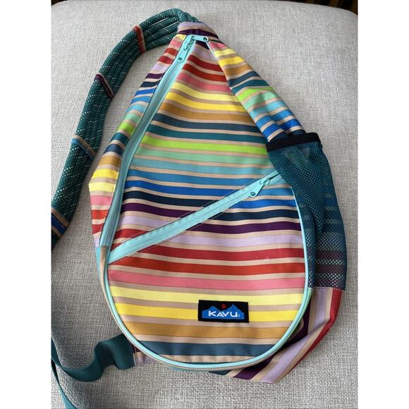KAVU Rope Sling Backpack Brand EUC Rainbow Stripes FAST SHIPPING Colorful - Picture 2 of 9